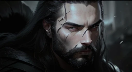 man with long hair and beard in black and white photo, author Yasar Wurdem, very detailed portrait VFX, inspired by Wu Daozi, very detailed portrait VFX of, Karl Urban as Dragon Slayer, Karl Urban as Wolverine, Evgeniush Zak, inspired by Li Kang, Hristofor...