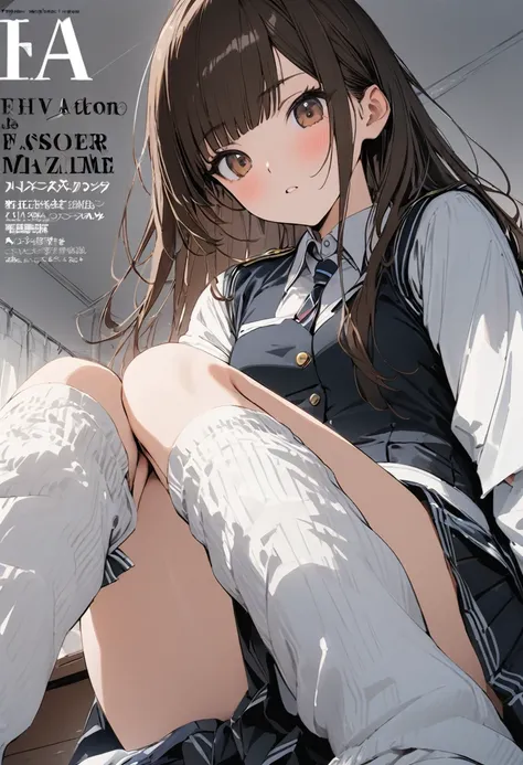 (cover of a fashion magazine),(1 Highschool girl,uniform,slim,small breasts,long brown straight hair,Side bangs,Slope_eye),(loose socks),break,conceptual art, masterpiece, Super Detail, Attention to detail, high quality, highest quality, High resolution,si...