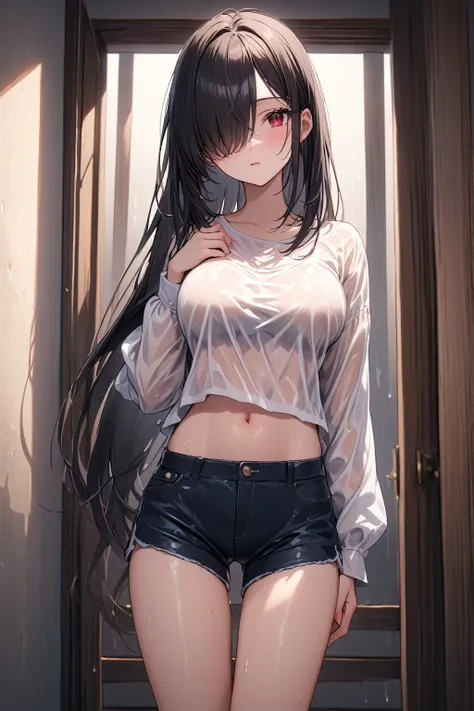 full body portrait, 1girl, solo, looking at viewer, shy, cute, red eyes, empty eyes, expressionless eyes, black hair, ((very lon...