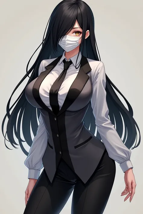 a sexy and sexualizated skinny anime girl long hair, massive breast, wearing a black and gray outfit with a vest, white shirt, tie, black pants, and white shoes. The person has black hair with bangs covering the forehead and is wearing a white face mask th...