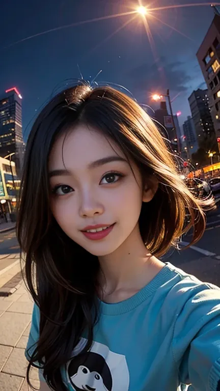 One person, Korean, Fisheye Lens, Selfie, wind, Messy Hair, sunset, Cityscape, (Aesthetics and atmosphere:1.2),smile