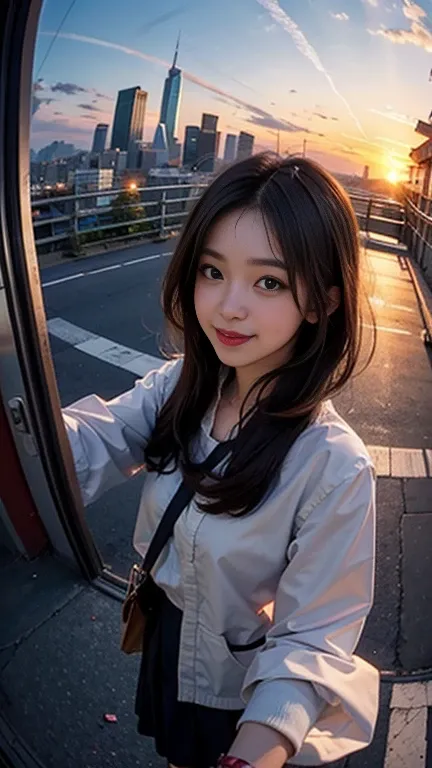 One person, Korean, Fisheye Lens, Selfie, wind, Messy Hair, sunset, Cityscape, (Aesthetics and atmosphere:1.2),smile