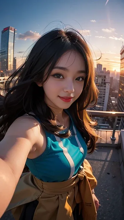 One person, Korean, Fisheye Lens, Selfie, wind, Messy Hair, sunset, Cityscape, (Aesthetics and atmosphere:1.2),smile