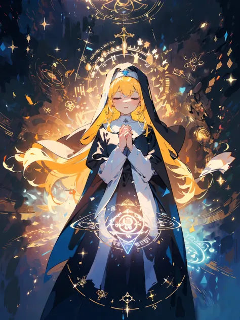 (((masterpiece, best quality, high detailed, 16k))), yellow hair, long eyelash, gorgeous eyelash, (blue|white saint robe, nun veil), ((hands clasped, closing eyes:1.5)), soft light aura, ((shining holy cross magic circle)), full body, (extremely detailed:1...