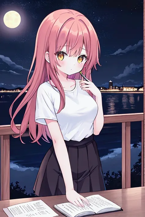 "redheaded yellow eyed teenage girl sitting writing in a notebook at a wooden table. wearing a loose black white t-shirt, with moonlight in the background. slim body, medium breasts expression of concentration. night scene., anime style."