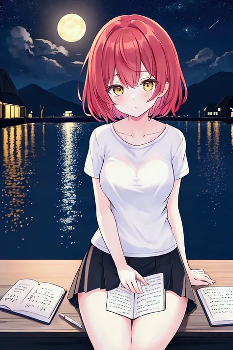 redheaded teenage girl with short hair, yellow eyes sitting writing in a notebook with a pen and feather on a wooden table. wearing a loose black and white t-shirt, with moonlight in the background. slim body, medium breasts, expression of concentration. n...