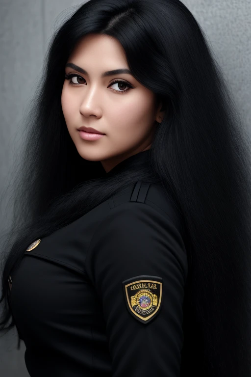 most very jet black hair,very long hair,most very wolf hair,most very frizzy hair,coarse hair,most very stiff hair,most very spread hairstyle,thick hair,fluffy hair,most very heavy weight hair,most very voluminous hair, female jail officer,black uniform,bl...