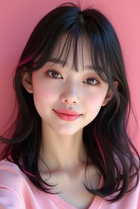 1girl,Selfie、teenage girl, high school student、Clear double eyelids、Long eyelashes、Brown eyes、Catchlight in the eyes,Raise the corners of your mouth slightly、pink backdrop,realistic face, detailed skin, black long bob haircut, Pink hair tips、bangs covering...