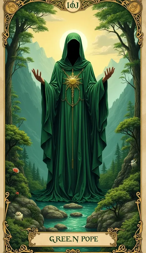 In the style of Pamela Corum、Symbolism and Romanticism、The Green Pope, Make a tarot card about