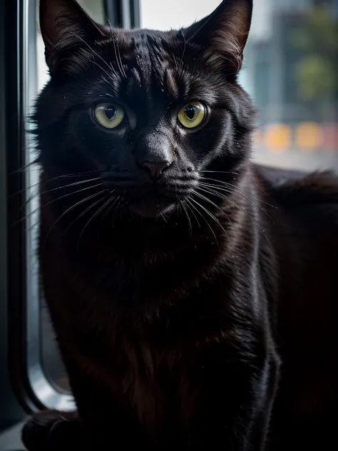 a big black cat, close-up portrait, traveling by bus with kittens, detailed fur, detailed eyes, detailed expression, high quality, photo-realistic, 8k, hyperdetailed, cinematic lighting, dramatic lighting, moody lighting, vibrant colors, dynamic compositio...