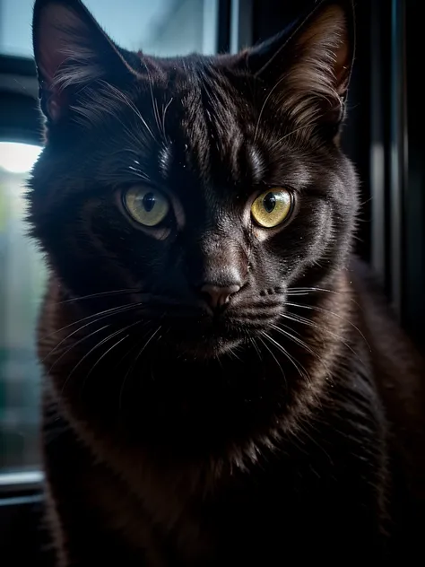 a big black cat, close-up portrait, traveling by bus with kittens, detailed fur, detailed eyes, detailed expression, high quality, photo-realistic, 8k, hyperdetailed, cinematic lighting, dramatic lighting, moody lighting, vibrant colors, dynamic compositio...