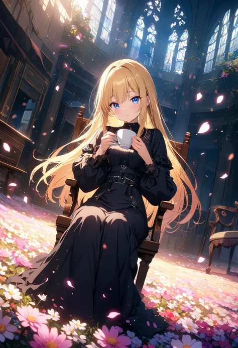 (masterpiece: 1.2), (Very detailed: 1.2), (Very detailed CG: 1.2), (high quality: 1.2), (最high quality), 8k, Anime illustration,far and near method, Background blur、Fisheye Shot, Ultra Wide Angle,  Flower Field、Girl sitting on chair in the middle、Gothic bl...