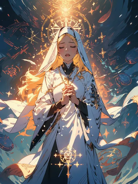 (((masterpiece, best quality, high detailed, 16k))), yellow hair, long eyelash, gorgeous eyelash, , (white saint robe, nun veil), white gleaming steel armor, ((hands clasped, closing eyes:1.5)), big cross necklace, soft light aura, ((shining holy cross mag...