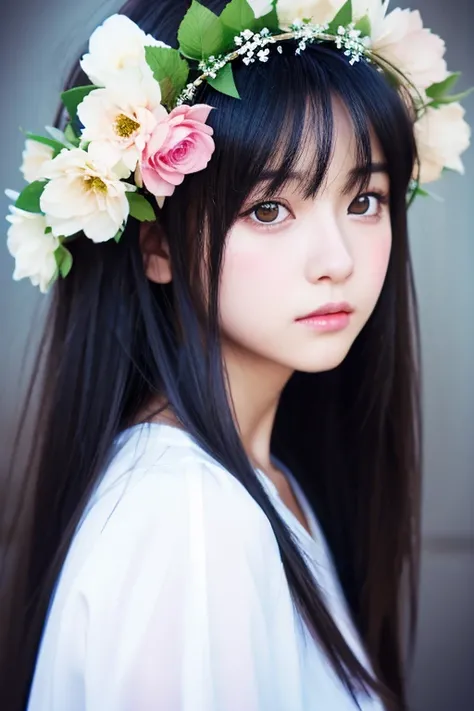 anime girl with long black hair wearing a white shirt and a flower crown, beautiful anime portrait, stunning anime face portrait, beautiful anime girl, kawaii realistic portrait, detailed portrait of anime girl, portrait anime girl, realistic anime 3 d sty...