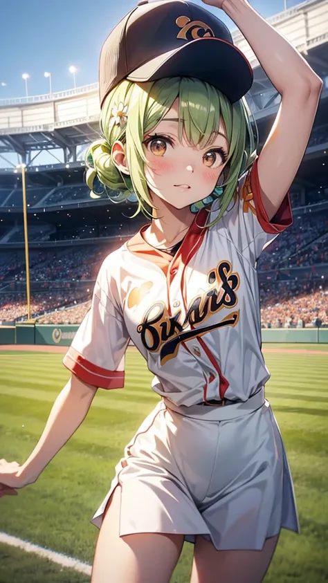 Maki: ore no imouto ga konna ni kawaii wake ga nai, 25-yers-old girl with short light green straight hair with flower hairpin on left bangs, light_brown_eyes, petite_body, average_breasts, seducing look, baseball stadium background, sexy orange baseball un...