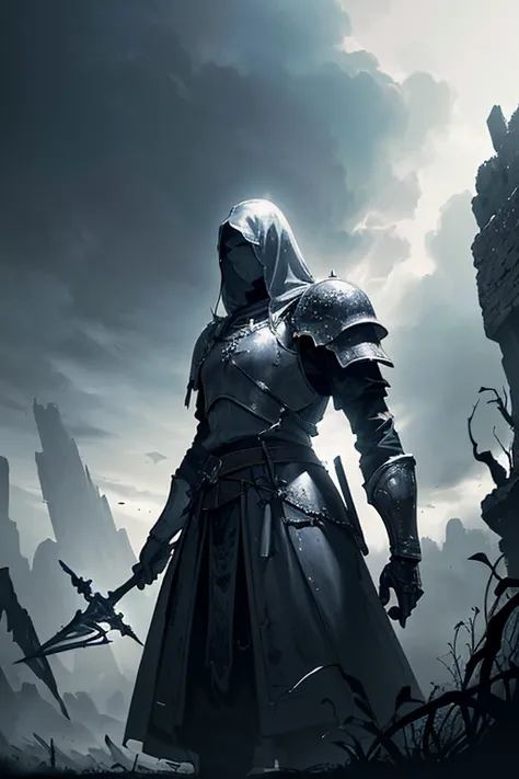 (8k unit wallpaper CG highly detailed, masterpiece of the highest quality, Super detailed), (((Alone))), ((Wide Shot:1.5)), (Paladin with legendary sword), (Thematic Backgrounds), Medieval, Amazing views, Dark and ominous environment, (Dark Souls 3, Illust...