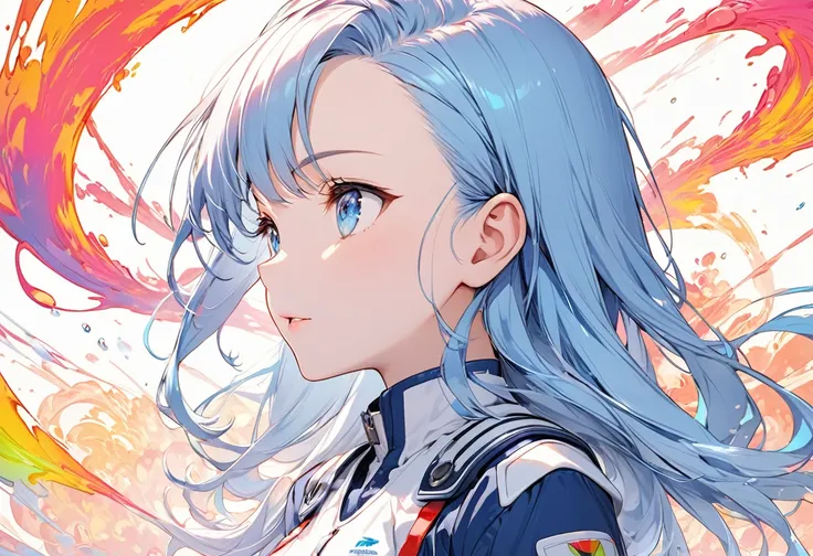 (Thermography illustration), (profile), solo:2, (beautiful forehead) (best beautiful blue hair long hair) (best cute girl is 15 yo), (cute blue eyes) (serious face, glossy lip), (small tits), in a blue battle uniform, navy skirt, break, in the Future Machi...