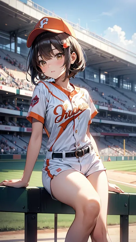 Maki: ore no imouto ga konna ni kawaii wake ga nai, 25-yers-old girl with short light green straight hair with flower hairpin on left bangs, light_brown_eyes, petite_body, average_breasts, seducing look, baseball stadium background, sexy orange baseball un...