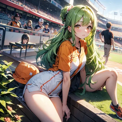 Maki: ore no imouto ga konna ni kawaii wake ga nai, 25-yers-old girl with short light green straight hair with flower hairpin on left bangs, light_brown_eyes, petite_body, average_breasts, seducing look, baseball stadium background, sexy orange baseball un...