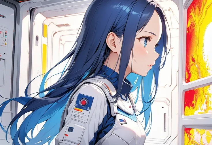 (Thermography search illustration), (profile), solo:2, (beautiful forehead) (best beautiful blue hair long hair) (best cute girl is 15 yo), (cute blue eyes) (serious face, glossy lip), (small tits), in a blue battle uniform, navy skirt, break, in the Futur...