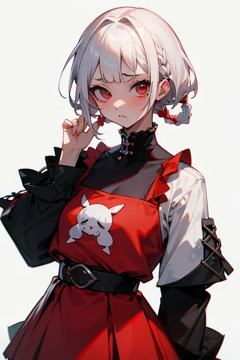 Short white hair, , ゴシック調のClothes、Punk Fashion、Clothes、Front、Excellent。Red dress、Background is white、Braids、((Embarrassing)).((でEmbarrassing)),