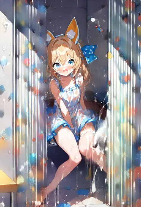 kagamine rin, long hair, bow, blonde hair., blue eyes, large breasts,, prison, alone, crying (sweating profusely, love juice, we...