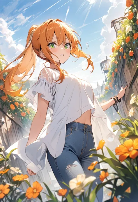 Best Quality、Lower Angle、One Girl、garden、denim、Orange Hair、ponytail、Green Eyes