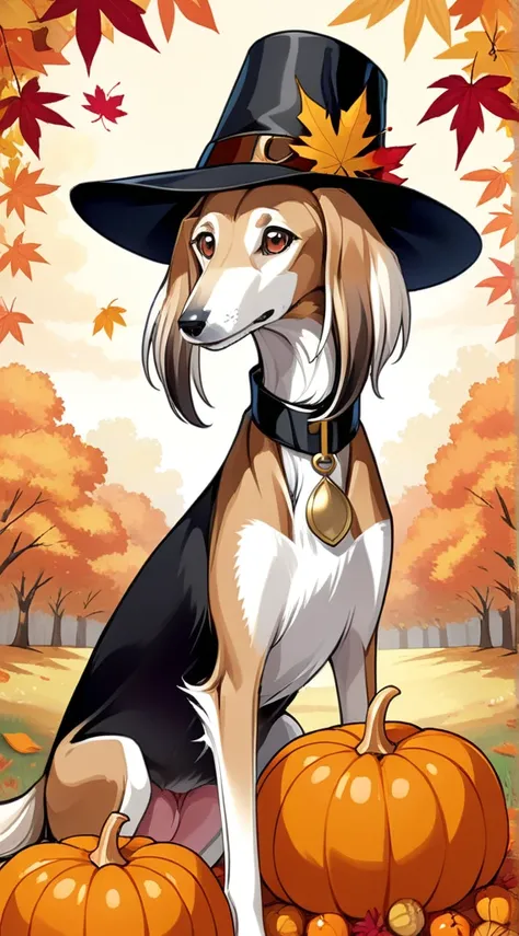 anime style, a strikingly majestic thanksgiving saluki wearing a pilgrim hat and fake turkey with autumn leaves in the backgroun...