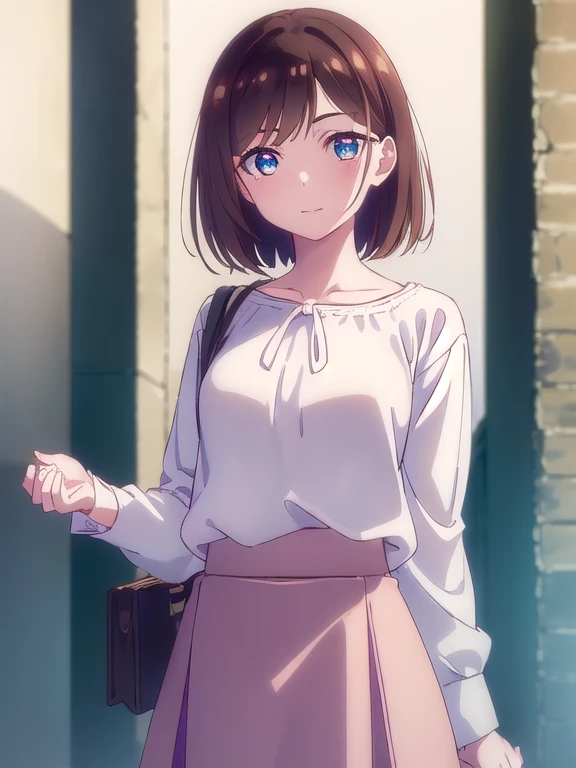 ((White blouse, pink flair skirt)),mizuharachizuru, Chizuru Ichinose, solo woman,(Long Bob:1.5,Shoulder-length hair), bangs, Brown Hair, Brown eyes, A big smile,outdoors,people々,looking at viewer, (Cowboy Shot:1.5),(masterpiece:1.2), Best Quality, High res...