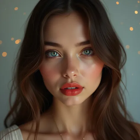 Create an image of a young woman&#39;s face, 2, that is exceptionally beautiful and charismatic. She has long, straight hair of a rich dark brown with subtle golden highlights that catch the light.. His eyes are large and a deep blue color., with a mesmeri...