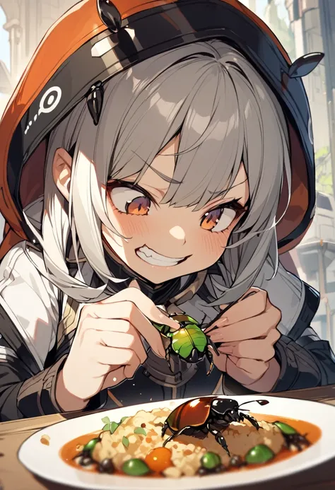 1girl, Sitting Girl, meal, (Eating small beetles:1.3), smug_ness, fantasy_clothed, teeth, close_up of body