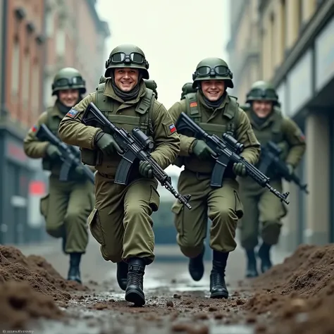 A Squad of 4 Confident Male Russian Army Soldiers Full Body in their 20s happy moving smiling while storming an enemy city trench somewhere in a British City in the United Kingdom wearing a green Russian army helmet with Russian army goggles with a green R...