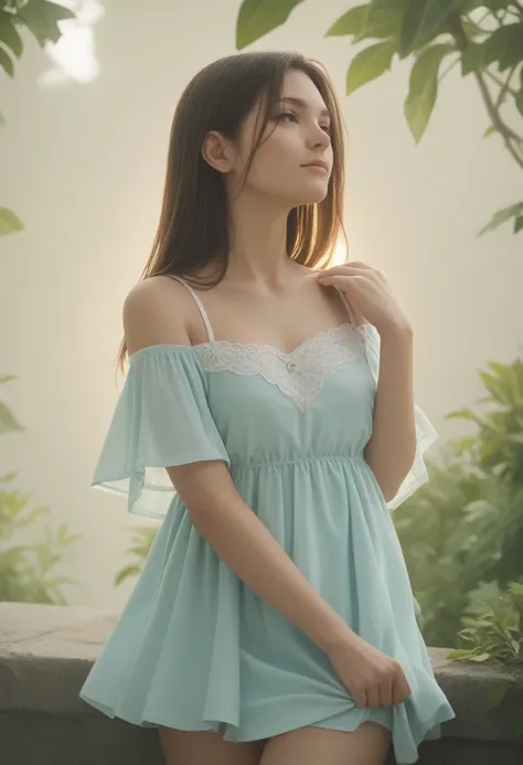 score_9, score_8_up, score_7_up, score_6_up, young woman, pensive, simple off-the-shoulder top, one hand adjusting dress, other ...