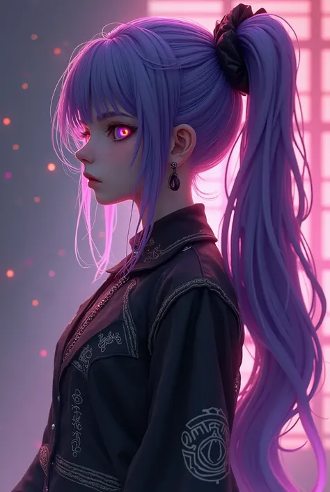 a girl with long purple ponytail hair, black and white clothes, astrological design patterns, danganronpa style, intricate details, dramatic lighting, cinematic composition, vibrant colors, digital art, hyperrealistic, 8k, (best quality,4k,8k,highres,maste...