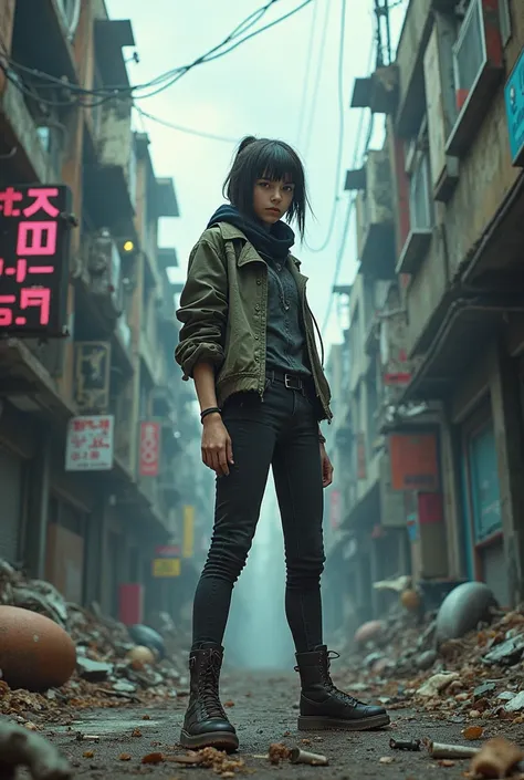 A girl standing in a futuristic slum