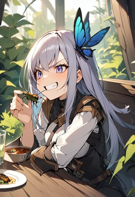 1girl, Sitting Girl, meal, (Eating insects:1.1), smug_ness, fantasy_clothed, teeth, close_up of body