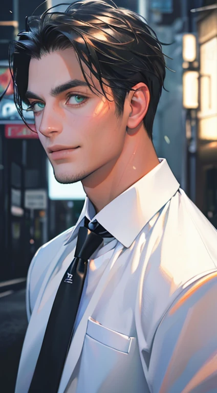 (Highest quality,4K,8K,High resolution,masterpiece:1.2),Super detailed,(Realistic,photoRealistic,photo-Realistic:1.37),1 personld,Mature Men,Beautiful skin、very handsome,Expressionless smile in love,Short gray black hair,green eyes,Sharp Eyes,A perfect fac...