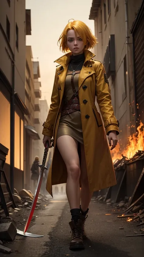 an 1 girl,with a burnt yellow overcoat,eyes red as fire, yellow hair like gold, carries a two-handed sword,His hair is short and messy as he walks through the teeth of purgatory 