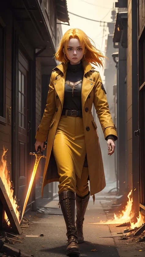 an 1 girl,with a burnt yellow overcoat,eyes red as fire, yellow hair like gold, carries a two-handed sword,His hair is short and messy as he walks through the teeth of purgatory 