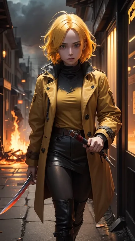 an 1 girl,with a burnt yellow overcoat,eyes red as fire, yellow hair like gold, carries a two-handed sword,His hair is short and messy as he walks through the teeth of purgatory 