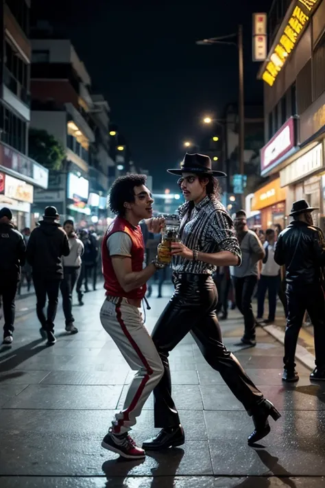 Michael Jackson and Freddy Mercury dancing funk on a busy street in São Paulo on the 12th:00 while they have a glass of beer in their hand.looking at the viewer, impressionism, better quality, detail, Ultra HD, 