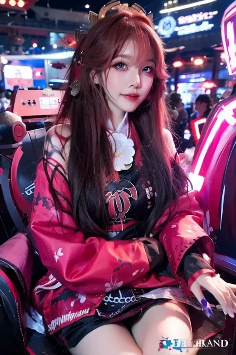 1girl, (ulzzang-6500:0.7), kpop idol, yae miko, detached sleeves, bare shoulders, pink hair, long hair, japanese clothes, best quality, (painting:1.5), (hair ornament:1.35), jewelry, purple eyes, earrings, breasts, torii,  cherry blossoms,  lantern light, ...