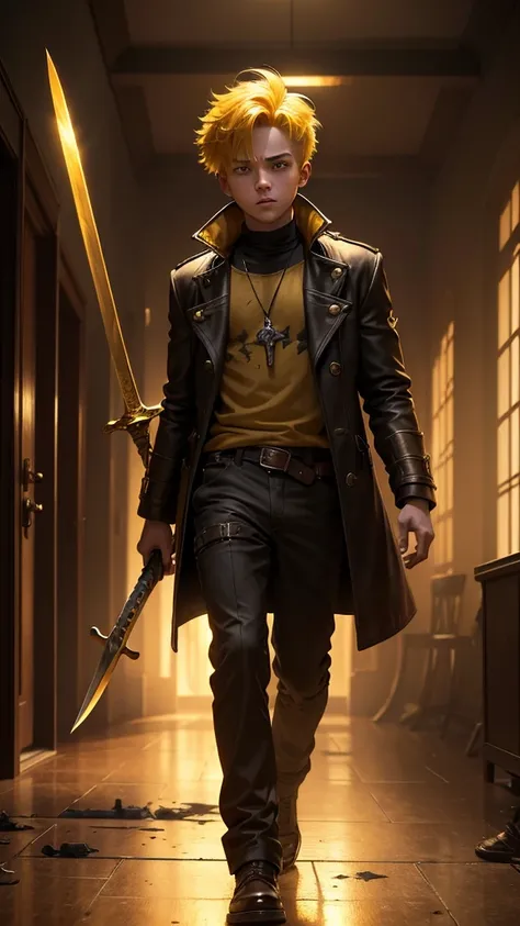 A young 1 boy,with a burnt yellow overcoat,eyes red as fire, yellow hair like gold, carries a two-handed sword,His hair is short and messy as he walks through the teeth of purgatory 