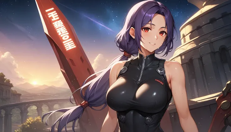 Score_9, Score_8_up, Score_7_up, One Girl,smile, Hirokazu Koyama ,Sweaty,sexy,Pixel Perfect,Large Breasts,Anatomically correct, Masterpiece Highly detailed,8k, (background,Starry Sky),(Fits your body,Rider Suit,Sleeveless),, Red eyes, ( Long Hair, Purple H...