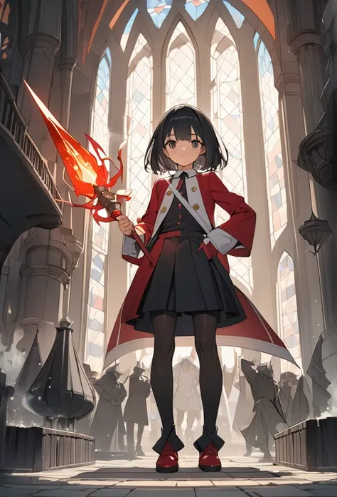 masterpiece, Best Quality, High resolution, Ultra-detailed, Anime Style, Fantasy, whole body, Standing, One Girl, magician, Intelligent face, Short, 140cm, Petite, Flat Chest, Red Magic Academy Uniform, No hat on, break, Black short bob, Straight Hair, Dar...