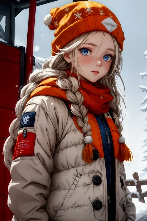 woman with long blonde hair in two braids, vibrant orange winter jacket adorned with snowflake and splatter designs, insulated, showcasing buttons, straps, pockets, yellow scarf peeking out, red knit beanie with white patch, bright blue eyes gazing upward,...