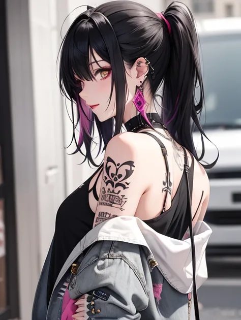 masterpiece, best quality, PIXIV, cool girl, lots of piercings, earrings, tattoos, black hair, pink dip-dye hair, gray eyes