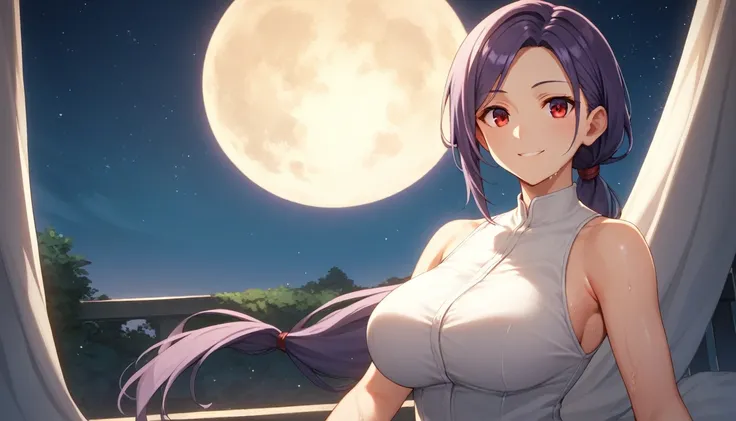 Score_9, Score_8_up, Score_7_up, One Girl,smile, Hirokazu Koyama ,Sweaty,sexy,Pixel Perfect,Large Breasts,Anatomically correct, Masterpiece Highly detailed,8k, (background,Starry Sky,moon),(Fits your body,White rider suit,Sleeveless),, Red eyes, ( Long Hai...