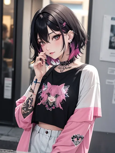 masterpiece, best quality, PIXIV, cool girl, lots of piercings, earrings, tattoos, black hair, pink dip-dye hair, gray eyes