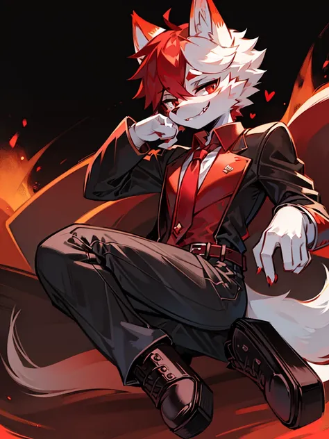 Solo, Smile, 1 guy, right eye with black eyeball and scarlet pupil, left eye with white eyeball and scarlet pupil, Short hair, scarlet hair, scarlet fox ears, Fangs, Smug face, White fox mask without lower jaw and sharp fangs at the upper jaw, fox ears on ...